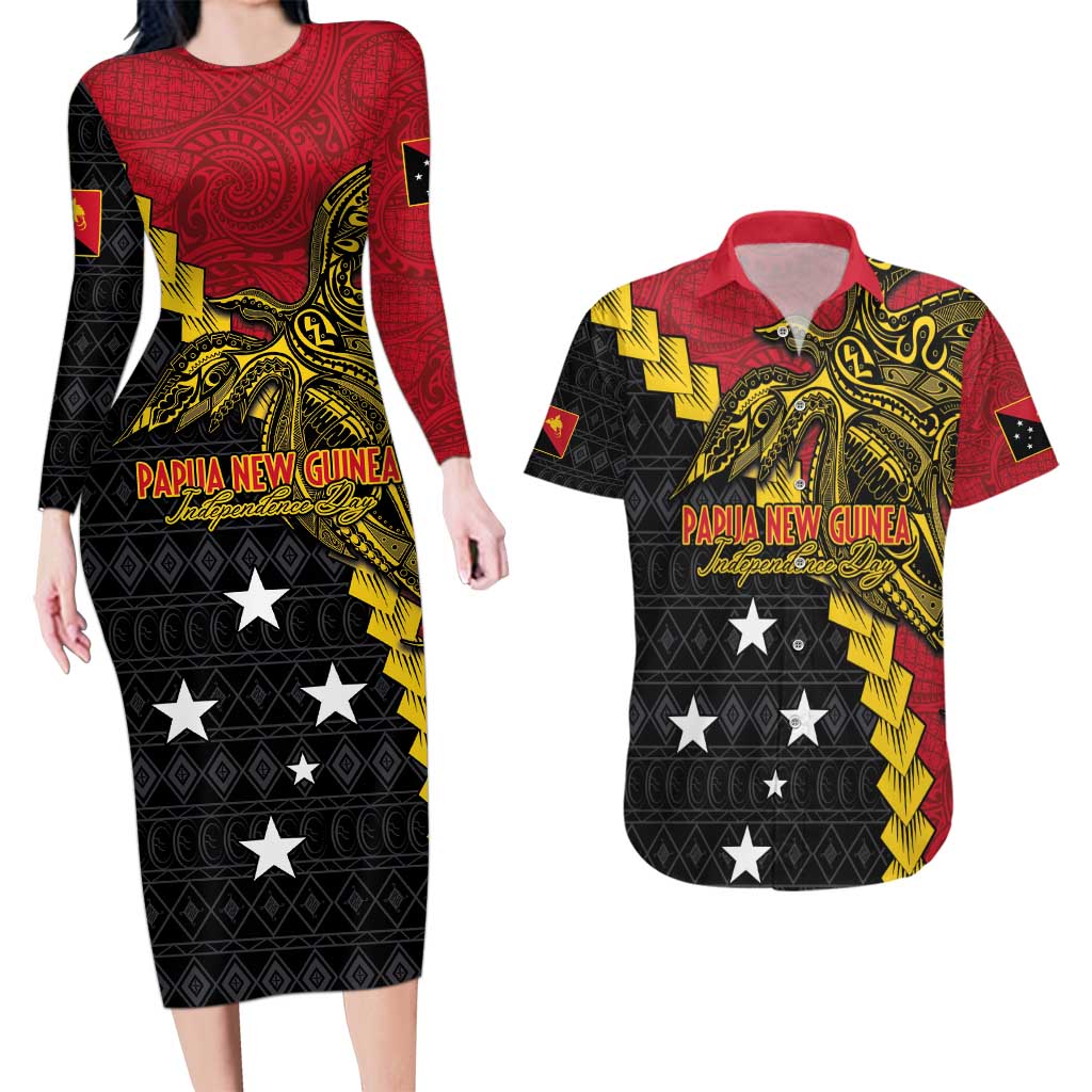 Papua New Guinea Independence Day Couples Matching Long Sleeve Bodycon Dress and Hawaiian Shirt Bird-of-paradise Melanesian Tattoo LT03 Red - Polynesian Pride