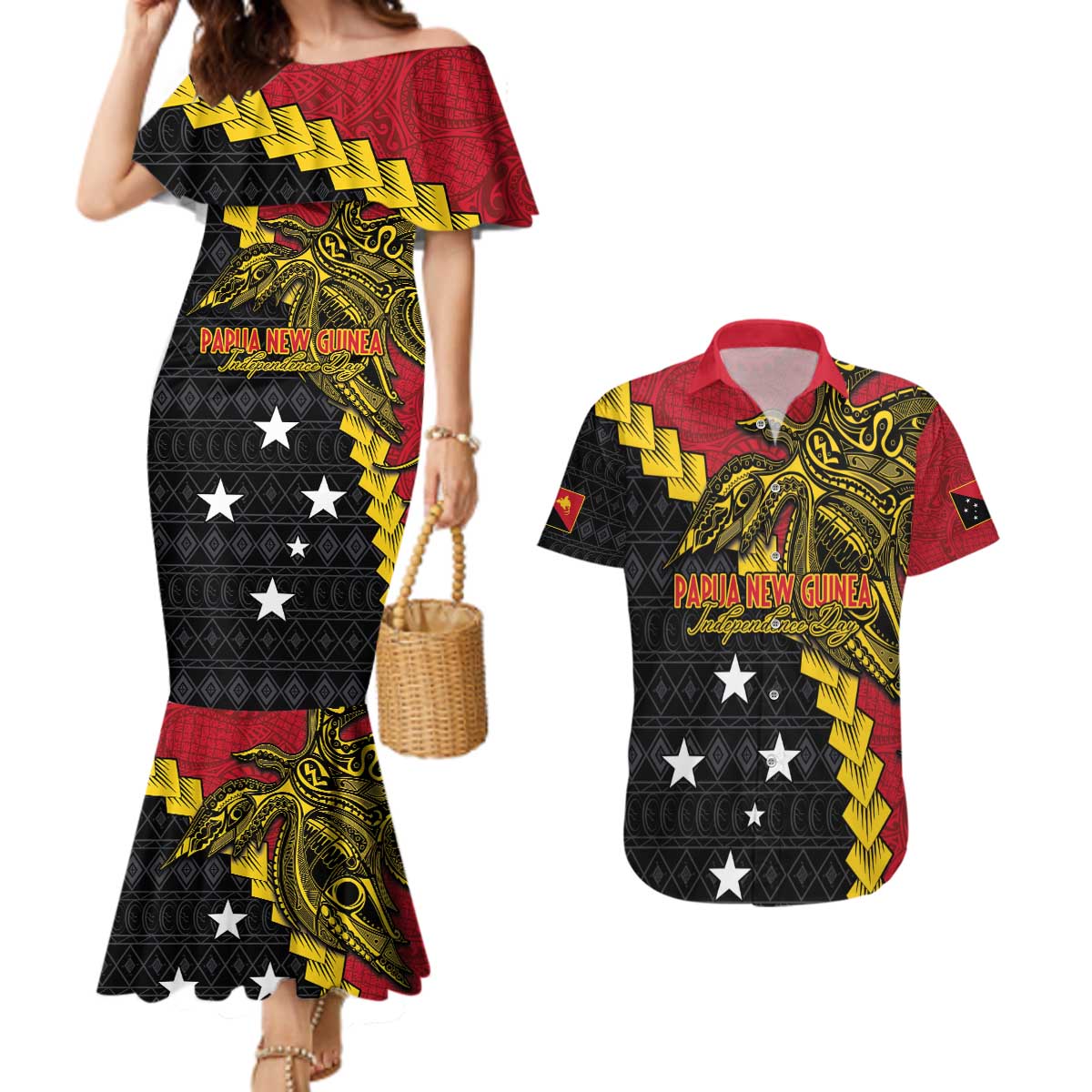 Papua New Guinea Independence Day Couples Matching Mermaid Dress and Hawaiian Shirt Bird-of-paradise Melanesian Tattoo