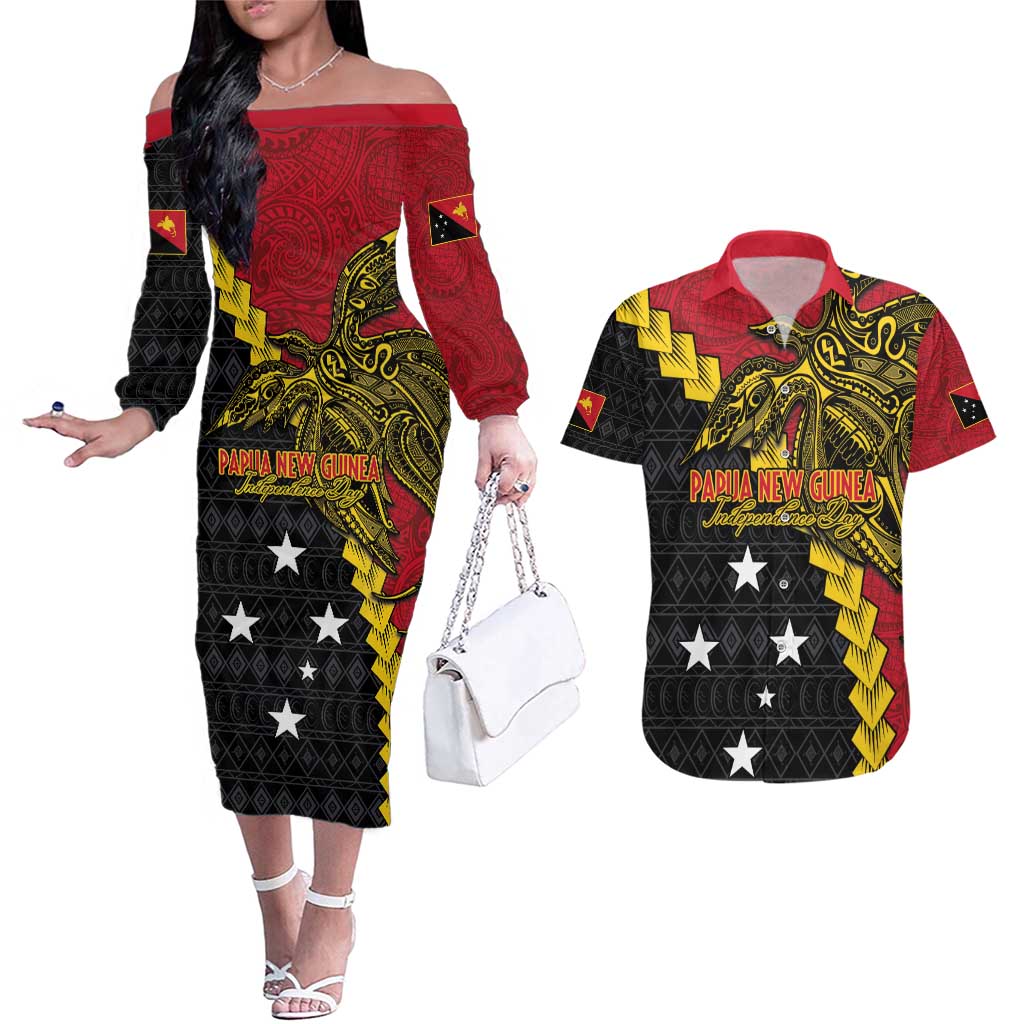 Papua New Guinea Independence Day Couples Matching Off The Shoulder Long Sleeve Dress and Hawaiian Shirt Bird-of-paradise Melanesian Tattoo LT03 Red - Polynesian Pride