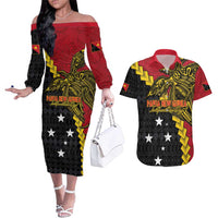Papua New Guinea Independence Day Couples Matching Off The Shoulder Long Sleeve Dress and Hawaiian Shirt Bird-of-paradise Melanesian Tattoo