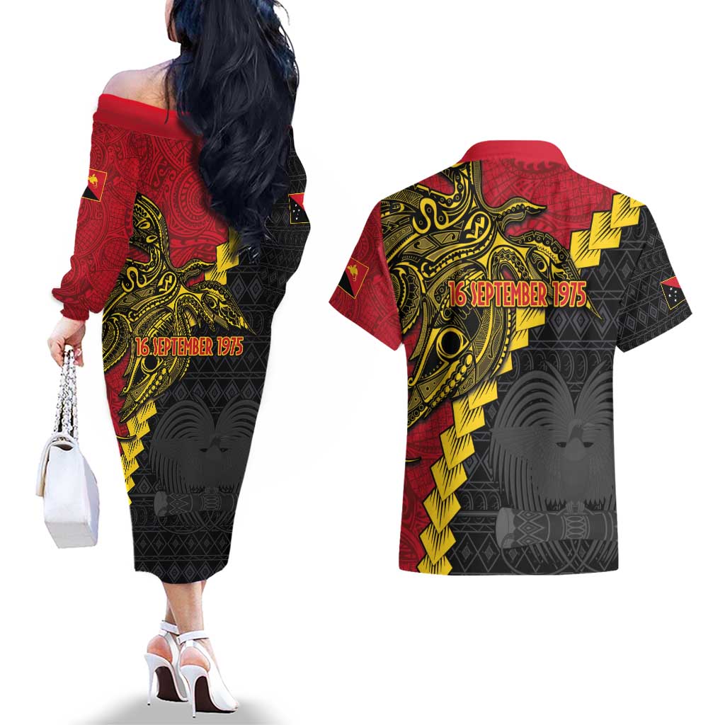 Papua New Guinea Independence Day Couples Matching Off The Shoulder Long Sleeve Dress and Hawaiian Shirt Bird-of-paradise Melanesian Tattoo