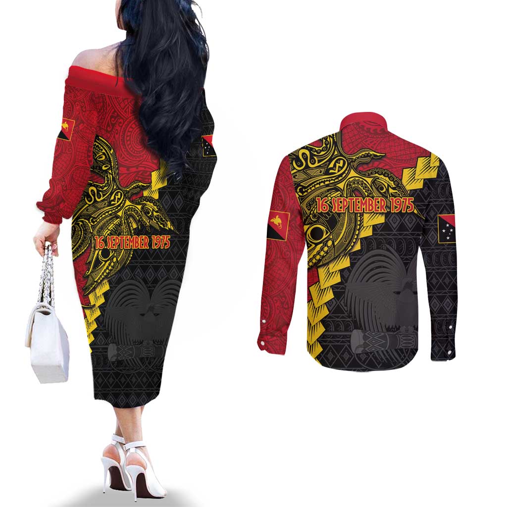 Papua New Guinea Independence Day Couples Matching Off The Shoulder Long Sleeve Dress and Long Sleeve Button Shirt Bird-of-paradise Melanesian Tattoo