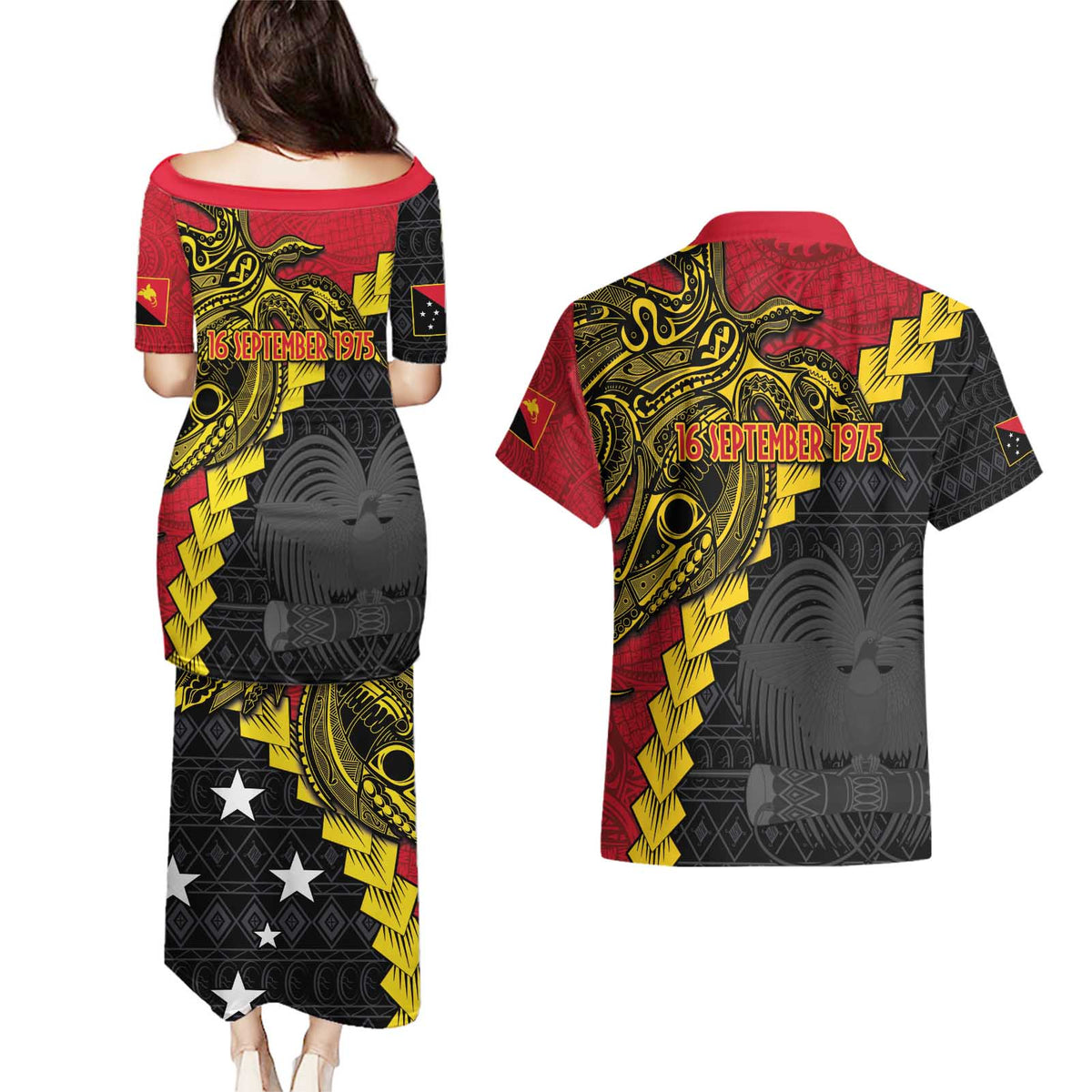 Papua New Guinea Independence Day Couples Matching Puletasi and Hawaiian Shirt Bird-of-paradise Melanesian Tattoo