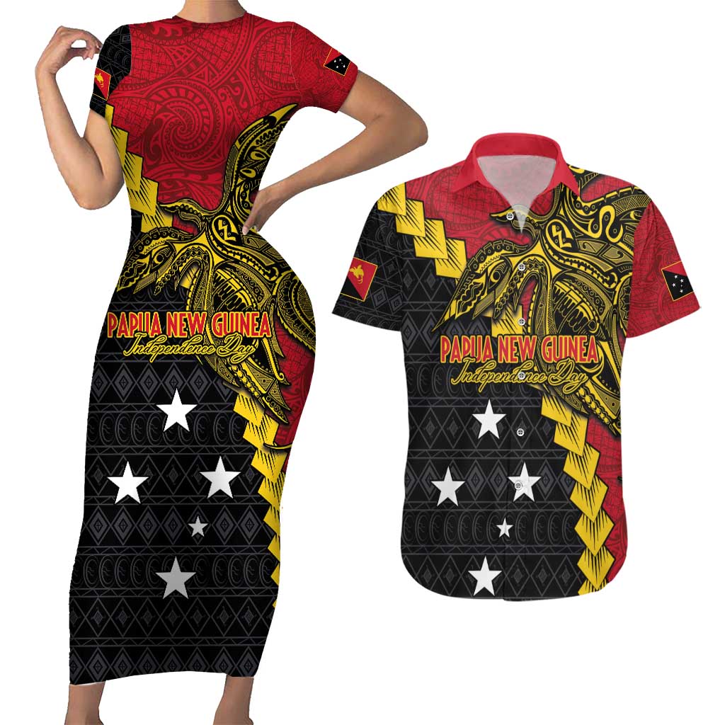 Papua New Guinea Independence Day Couples Matching Short Sleeve Bodycon Dress and Hawaiian Shirt Bird-of-paradise Melanesian Tattoo LT03 Red - Polynesian Pride