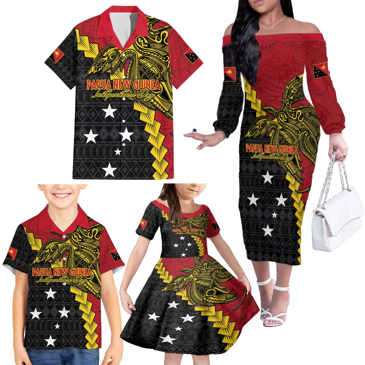 Papua New Guinea Independence Day Family Matching Off The Shoulder Long Sleeve Dress and Hawaiian Shirt Bird-of-paradise Melanesian Tattoo