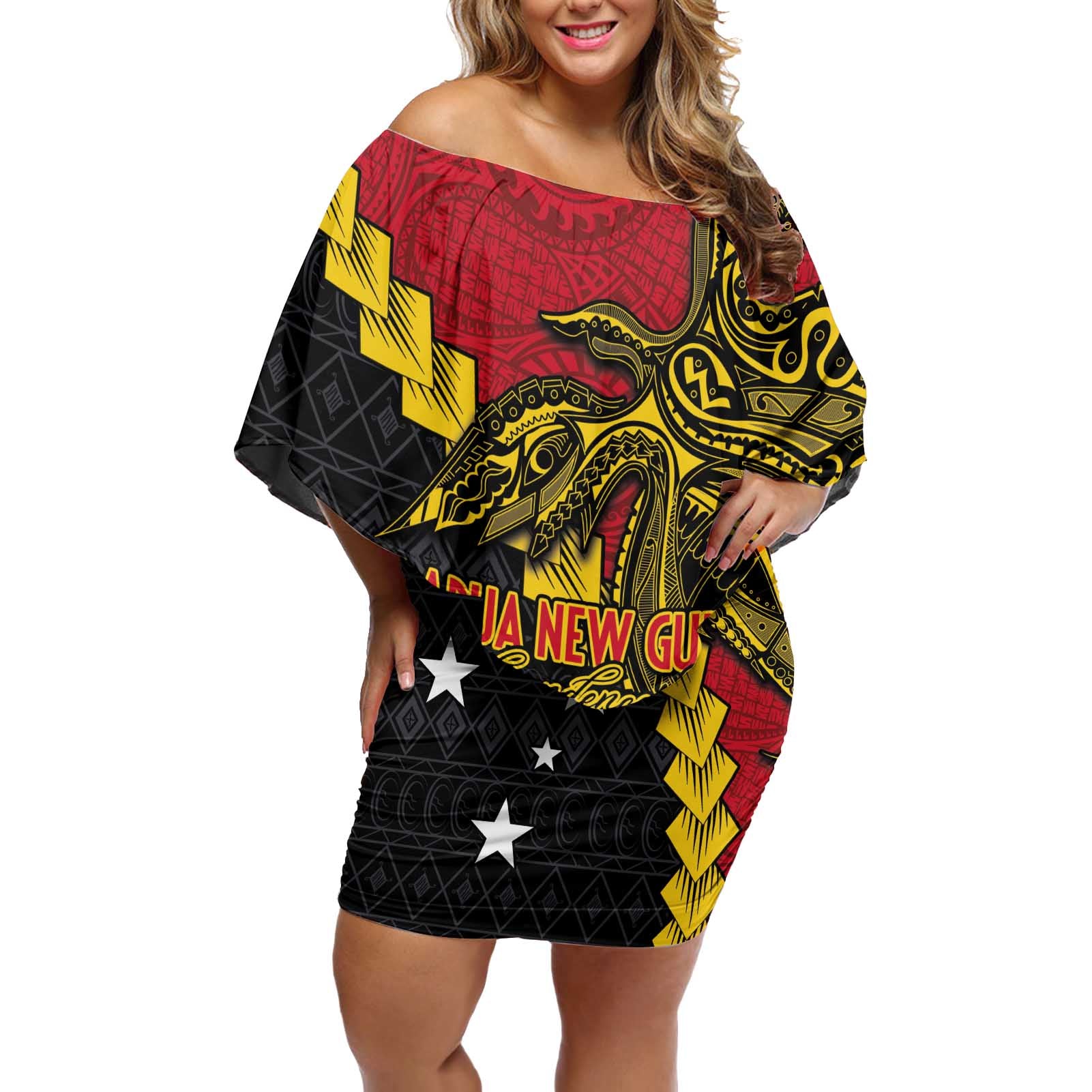 Papua New Guinea Independence Day Off Shoulder Short Dress Bird-of-paradise Melanesian Tattoo