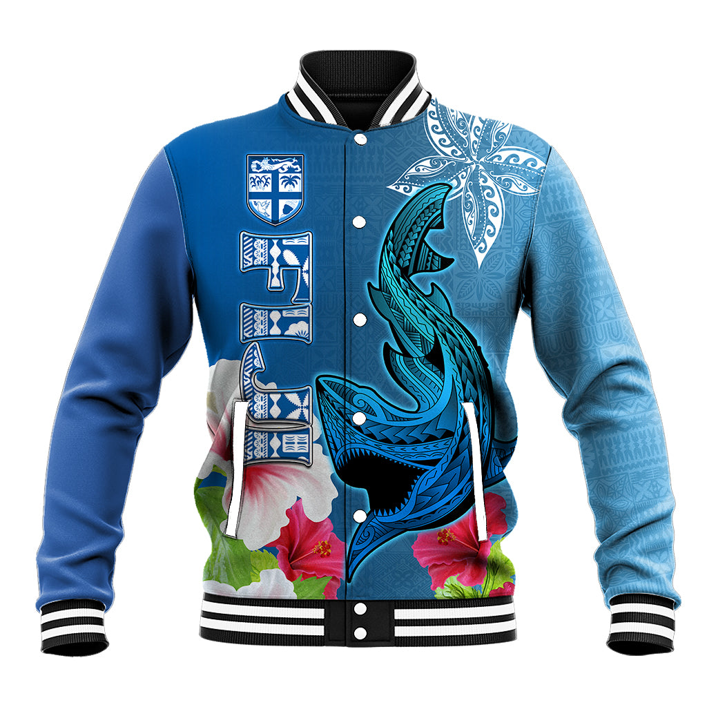 Polynesian Fiji Baseball Jacket Shark and Hibiscus Tapa Pattern Blue Version LT03 Unisex Blue - Polynesian Pride
