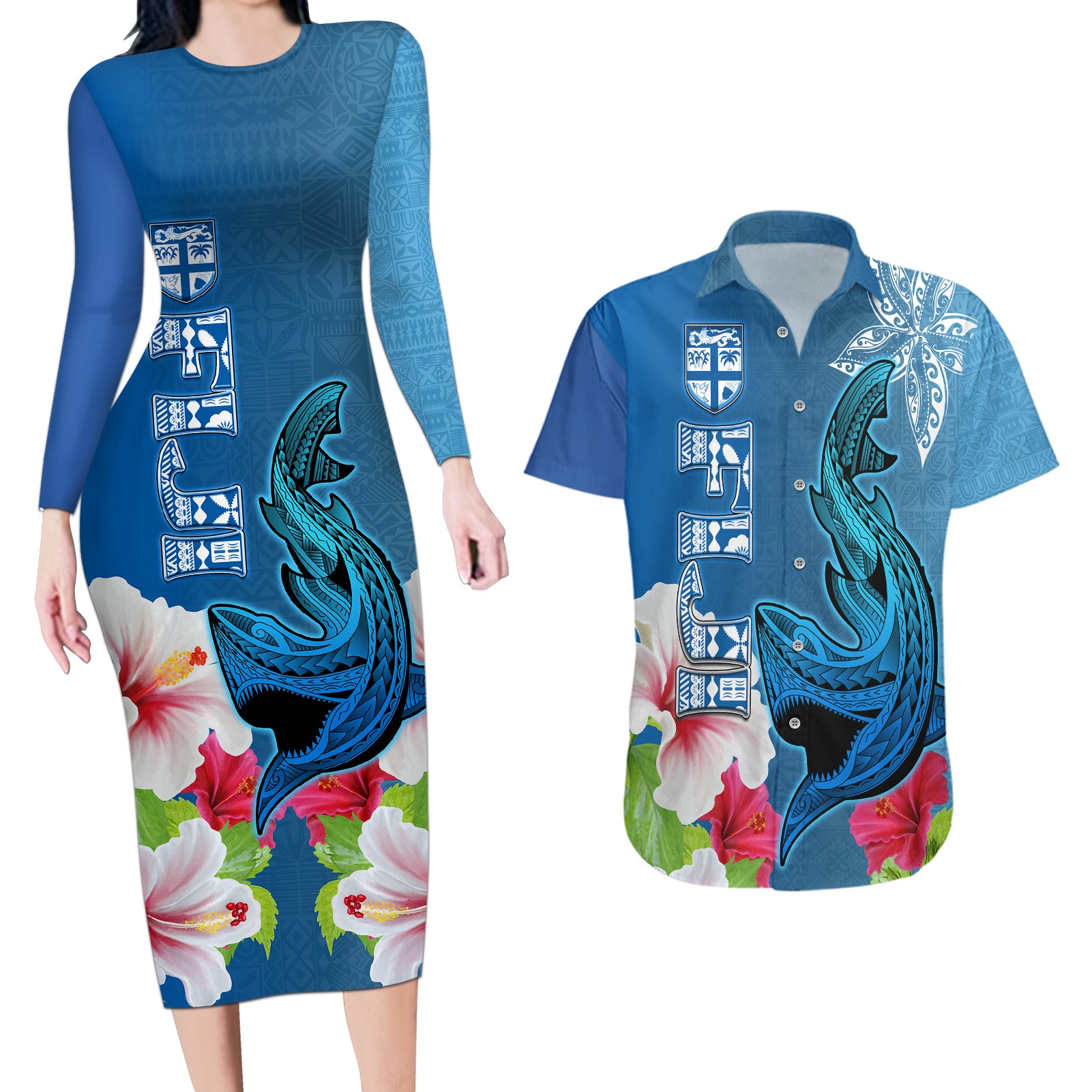 Polynesian Fiji Couples Matching Long Sleeve Bodycon Dress and Hawaiian Shirt Shark and Hibiscus Tapa Pattern Blue Version LT03 Blue - Polynesian Pride