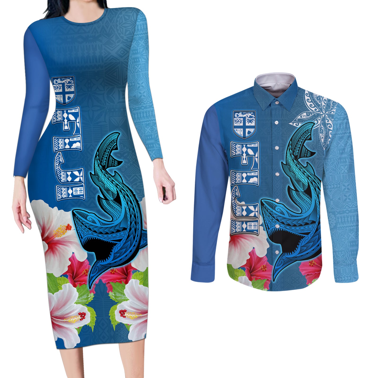 Polynesian Fiji Couples Matching Long Sleeve Bodycon Dress and Long Sleeve Button Shirts Shark and Hibiscus Tapa Pattern Blue Version LT03 Blue - Polynesian Pride