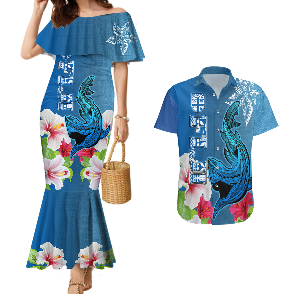 Polynesian Fiji Couples Matching Mermaid Dress and Hawaiian Shirt Shark and Hibiscus Tapa Pattern Blue Version LT03 Blue - Polynesian Pride