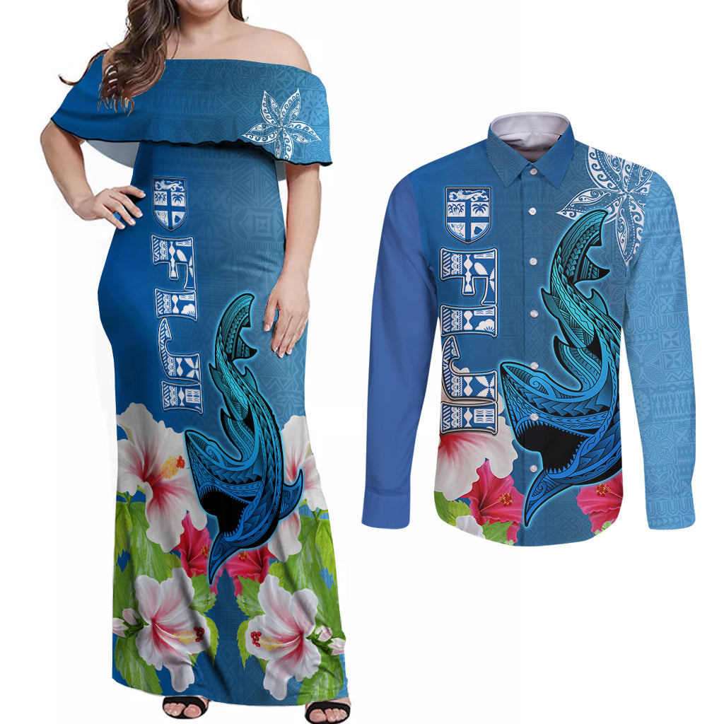 Polynesian Fiji Couples Matching Off Shoulder Maxi Dress and Long Sleeve Button Shirts Shark and Hibiscus Tapa Pattern Blue Version LT03 Blue - Polynesian Pride