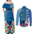 Polynesian Fiji Couples Matching Off Shoulder Maxi Dress and Long Sleeve Button Shirts Shark and Hibiscus Tapa Pattern Blue Version LT03 - Polynesian Pride