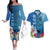 Polynesian Fiji Couples Matching Off The Shoulder Long Sleeve Dress and Hawaiian Shirt Shark and Hibiscus Tapa Pattern Blue Version LT03 Blue - Polynesian Pride