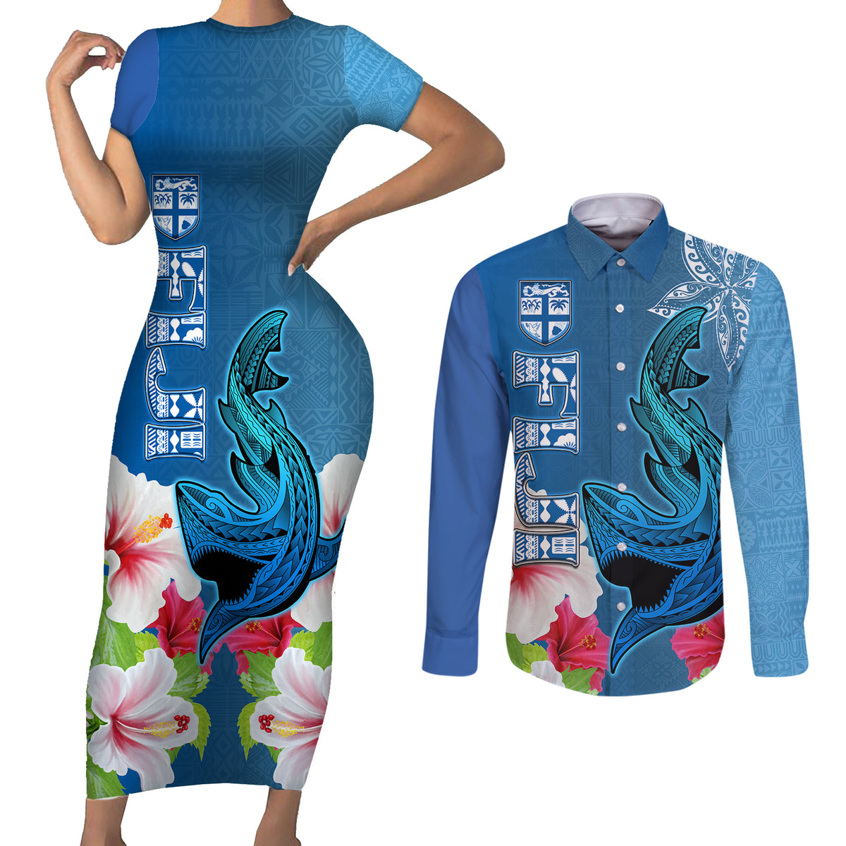 Polynesian Fiji Couples Matching Short Sleeve Bodycon Dress and Long Sleeve Button Shirts Shark and Hibiscus Tapa Pattern Blue Version LT03 Blue - Polynesian Pride