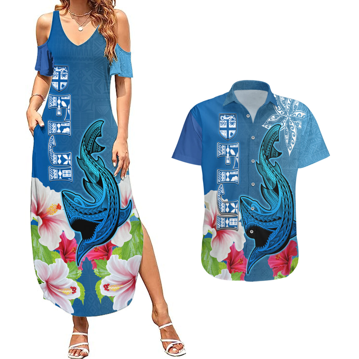 Polynesian Fiji Couples Matching Summer Maxi Dress and Hawaiian Shirt Shark and Hibiscus Tapa Pattern Blue Version LT03 Blue - Polynesian Pride