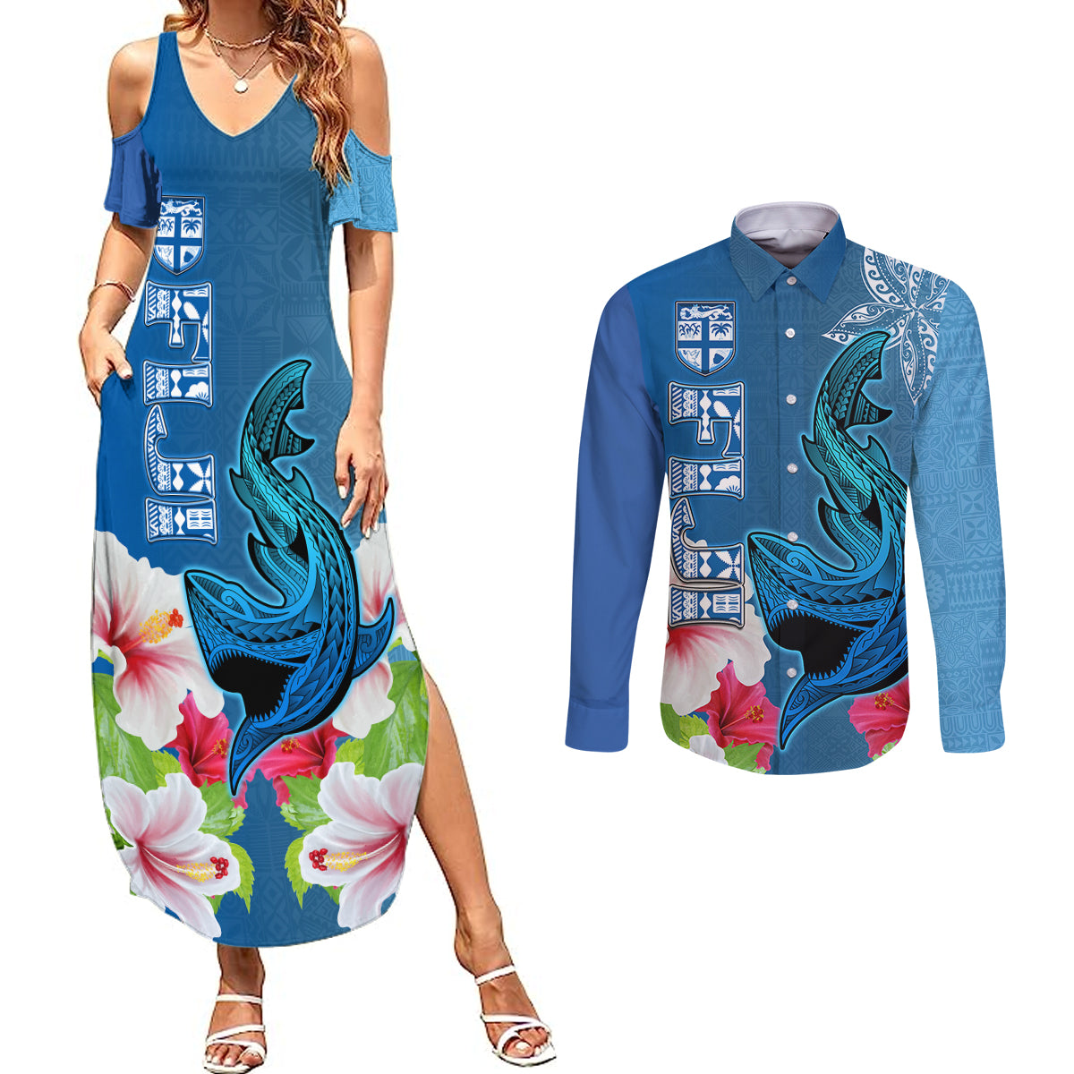 Polynesian Fiji Couples Matching Summer Maxi Dress and Long Sleeve Button Shirts Shark and Hibiscus Tapa Pattern Blue Version LT03 Blue - Polynesian Pride