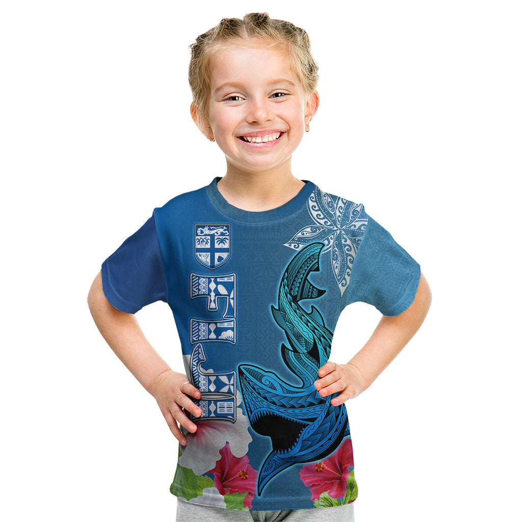 Polynesian Fiji Kid T Shirt Shark and Hibiscus Tapa Pattern Blue Version LT03 Blue - Polynesian Pride