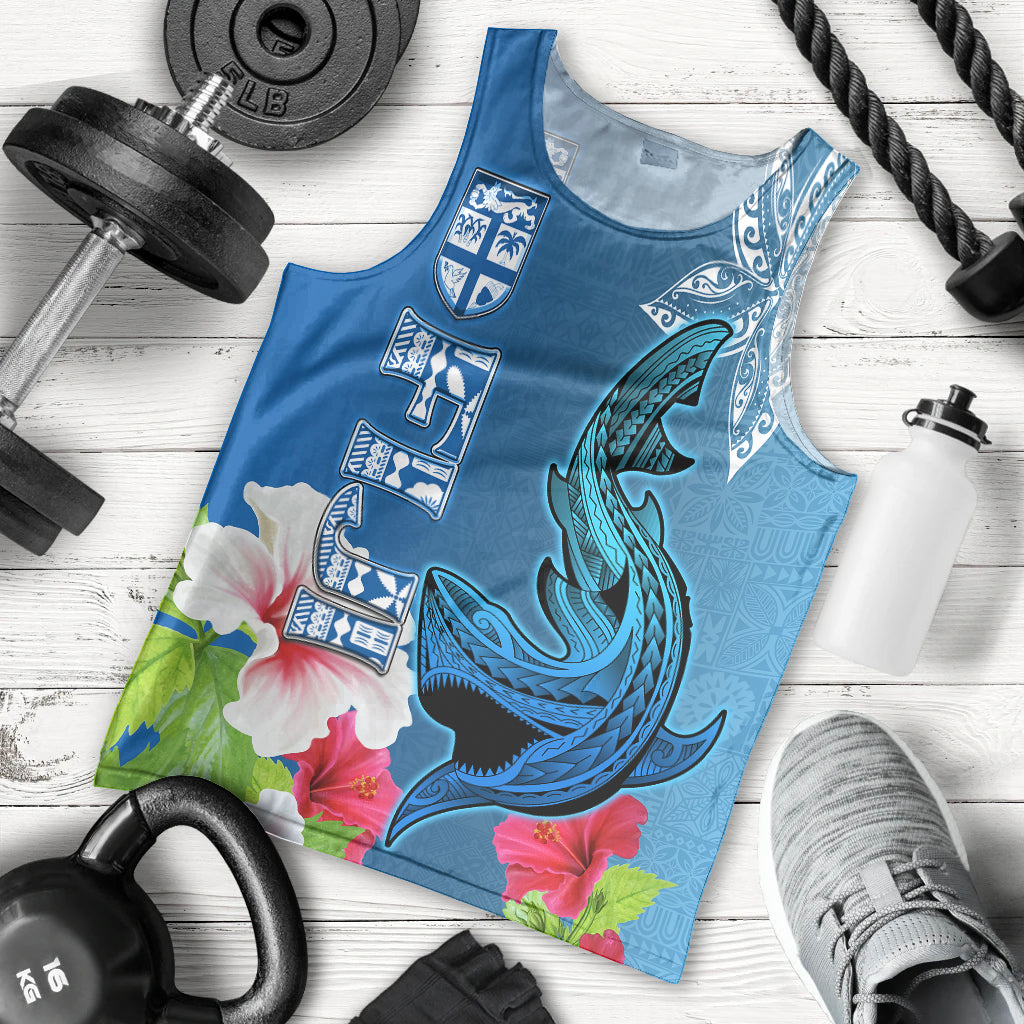 Polynesian Fiji Men Tank Top Shark and Hibiscus Tapa Pattern Blue Version LT03 Blue - Polynesian Pride