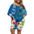 Polynesian Fiji Off Shoulder Short Dress Shark and Hibiscus Tapa Pattern Blue Version LT03 Women Blue - Polynesian Pride