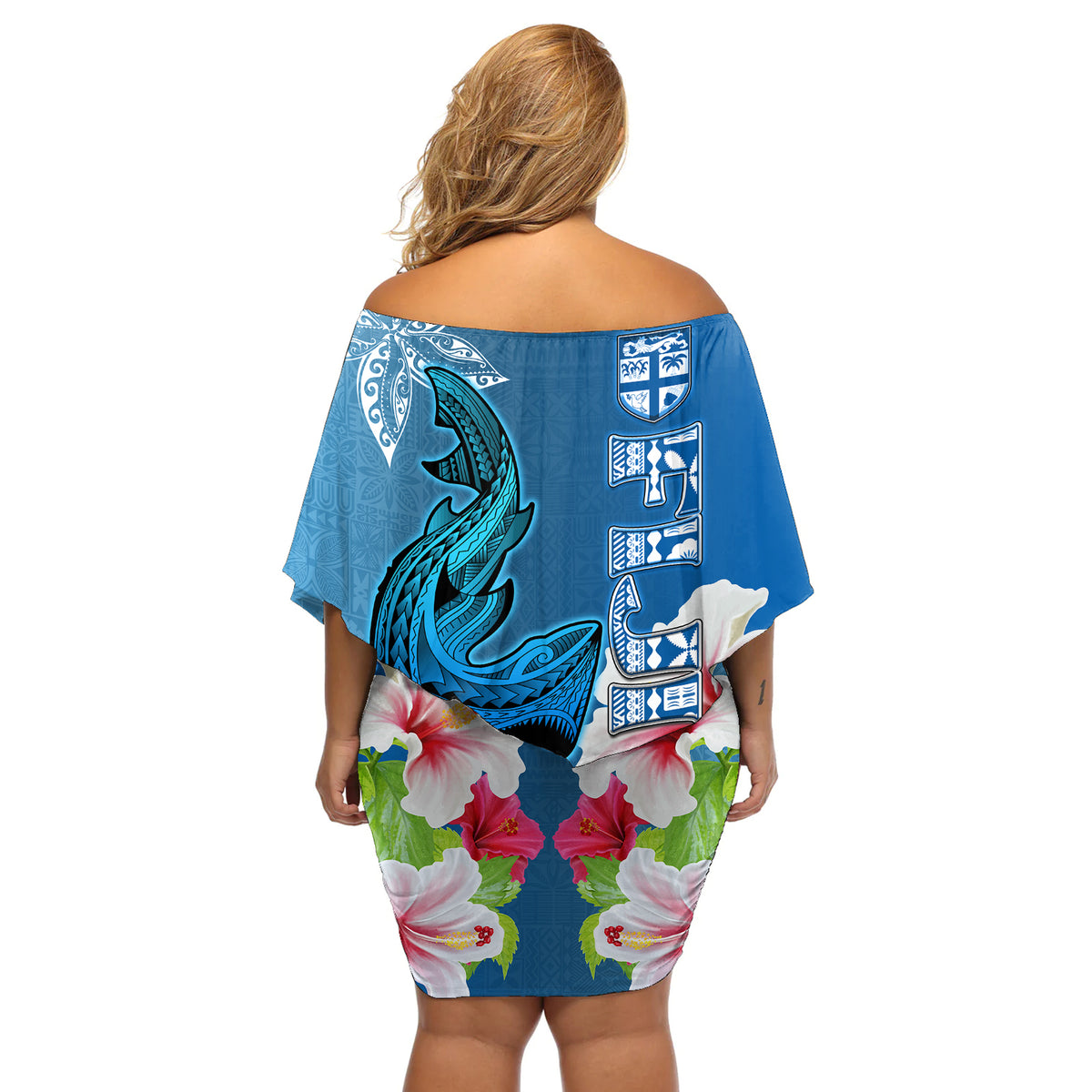 Polynesian Fiji Off Shoulder Short Dress Shark and Hibiscus Tapa Pattern Blue Version LT03 - Polynesian Pride