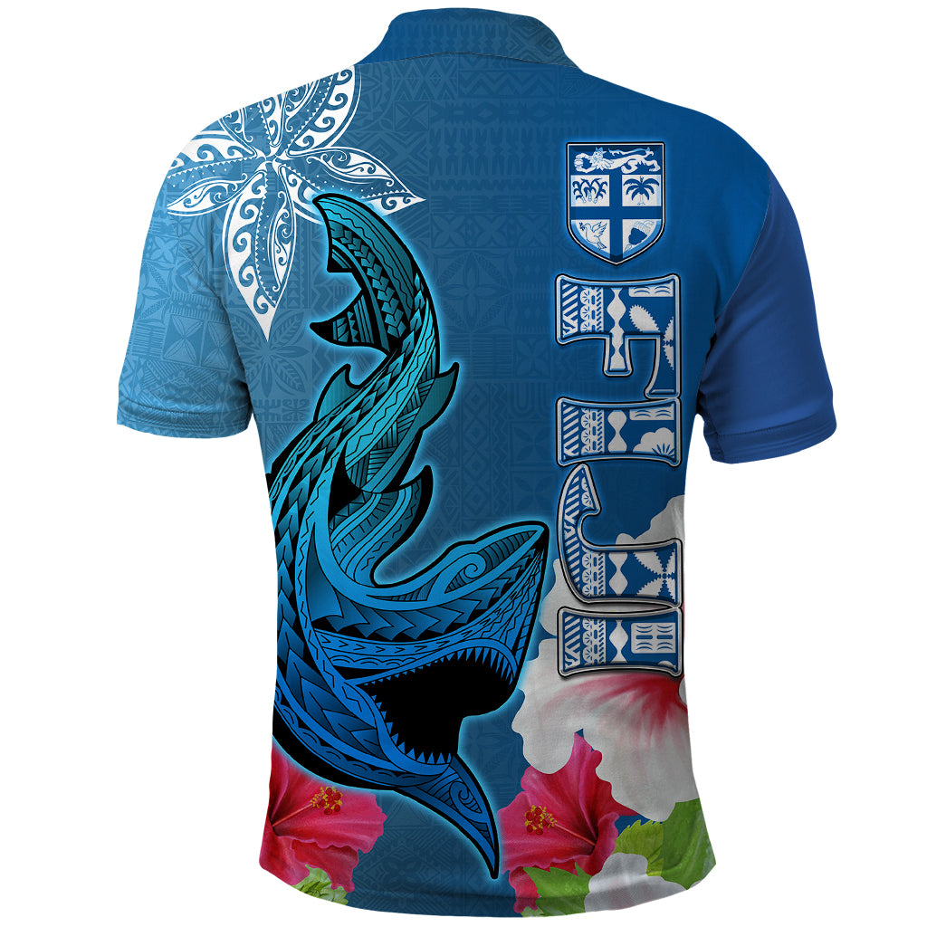 Polynesian Fiji Polo Shirt Shark and Hibiscus Tapa Pattern Blue Version LT03 - Polynesian Pride