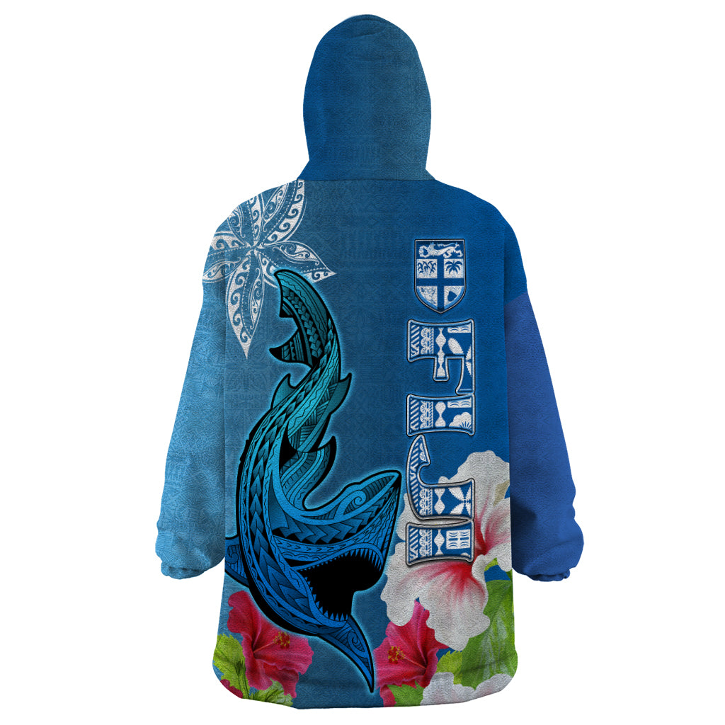 Polynesian Fiji Wearable Blanket Hoodie Shark and Hibiscus Tapa Pattern Blue Version LT03 - Polynesian Pride