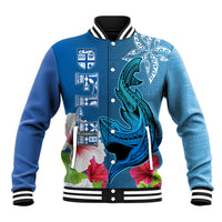 Custom Polynesian Fiji Baseball Jacket Shark and Hibiscus Tapa Pattern Blue Version LT03 Unisex Blue - Polynesian Pride