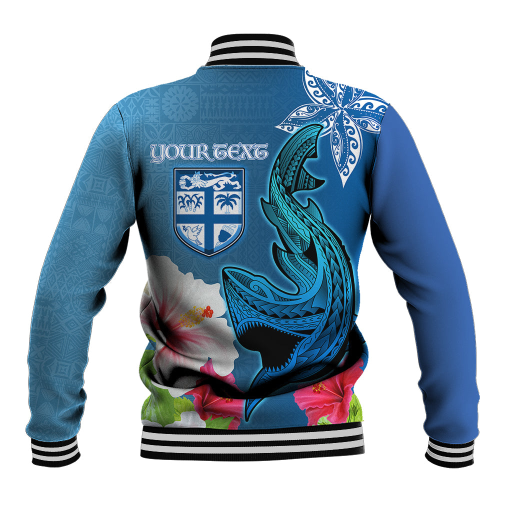 Custom Polynesian Fiji Baseball Jacket Shark and Hibiscus Tapa Pattern Blue Version LT03 - Polynesian Pride