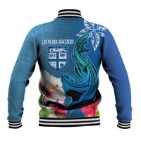 Custom Polynesian Fiji Baseball Jacket Shark and Hibiscus Tapa Pattern Blue Version LT03 - Polynesian Pride