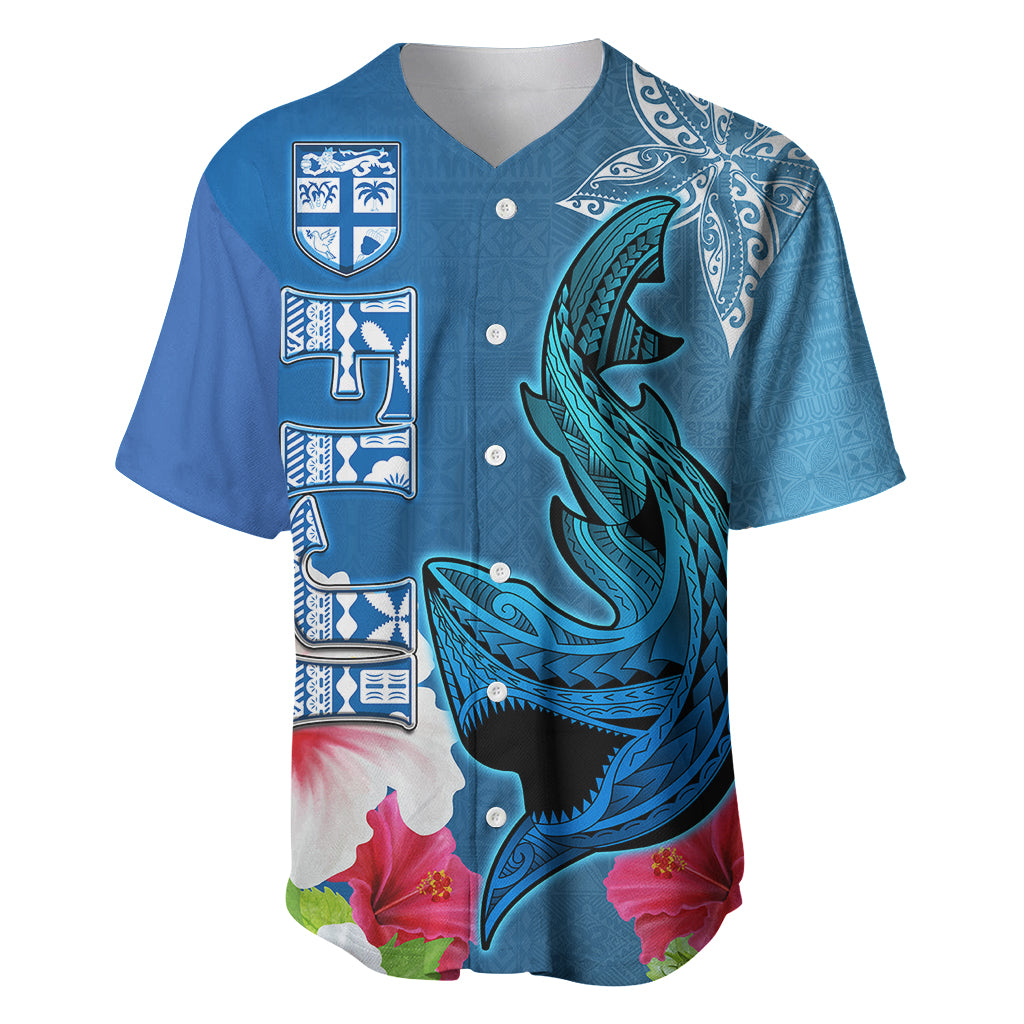 Custom Polynesian Fiji Baseball Jersey Shark and Hibiscus Tapa Pattern Blue Version LT03 Blue - Polynesian Pride