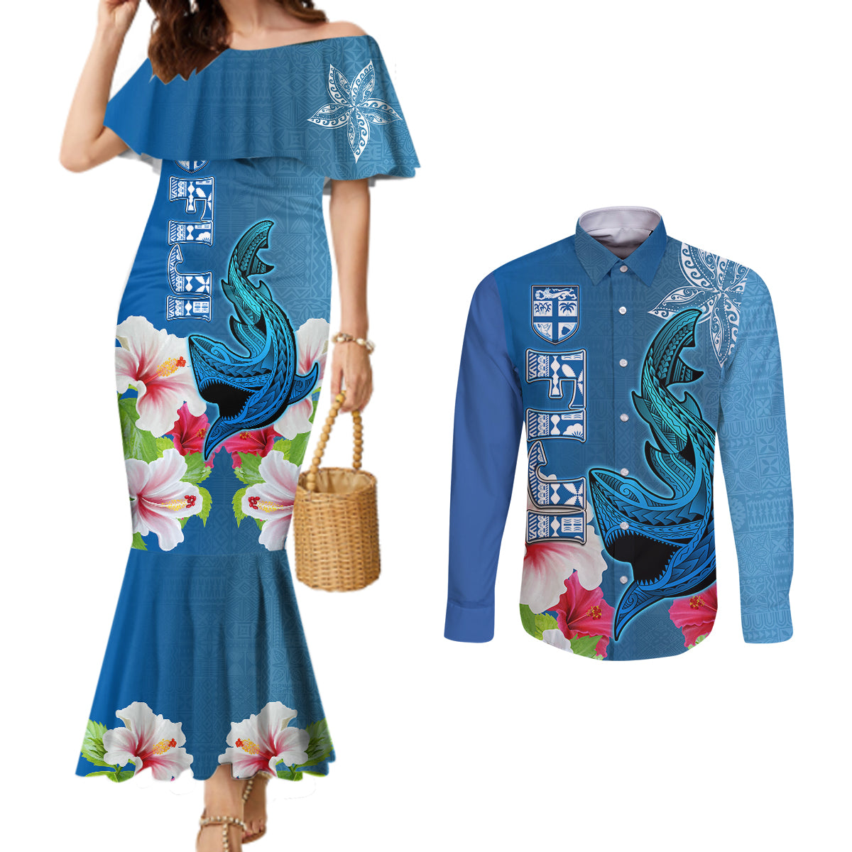 Custom Polynesian Fiji Couples Matching Mermaid Dress and Long Sleeve Button Shirts Shark and Hibiscus Tapa Pattern Blue Version LT03 Blue - Polynesian Pride