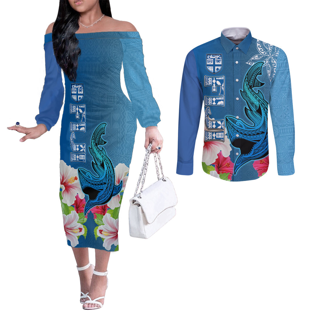 Custom Polynesian Fiji Couples Matching Off The Shoulder Long Sleeve Dress and Long Sleeve Button Shirts Shark and Hibiscus Tapa Pattern Blue Version LT03 Blue - Polynesian Pride