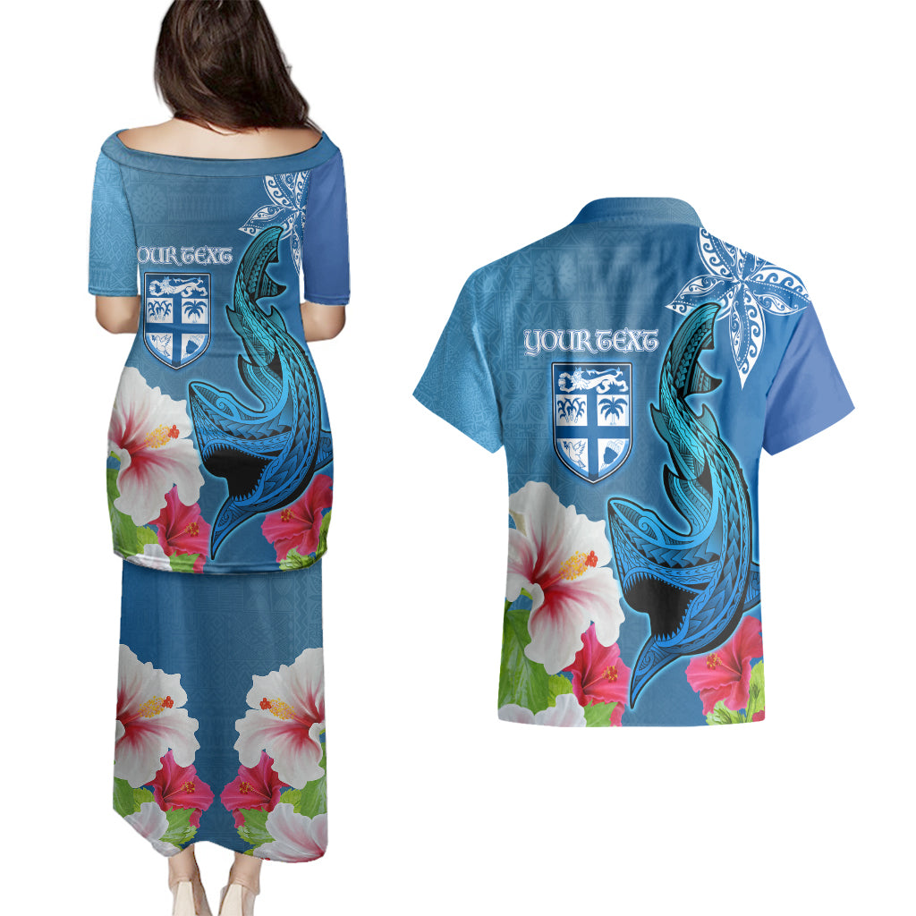 Custom Polynesian Fiji Couples Matching Puletasi Dress and Hawaiian Shirt Shark and Hibiscus Tapa Pattern Blue Version LT03 - Polynesian Pride