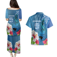 Custom Polynesian Fiji Couples Matching Puletasi Dress and Hawaiian Shirt Shark and Hibiscus Tapa Pattern Blue Version LT03 - Polynesian Pride