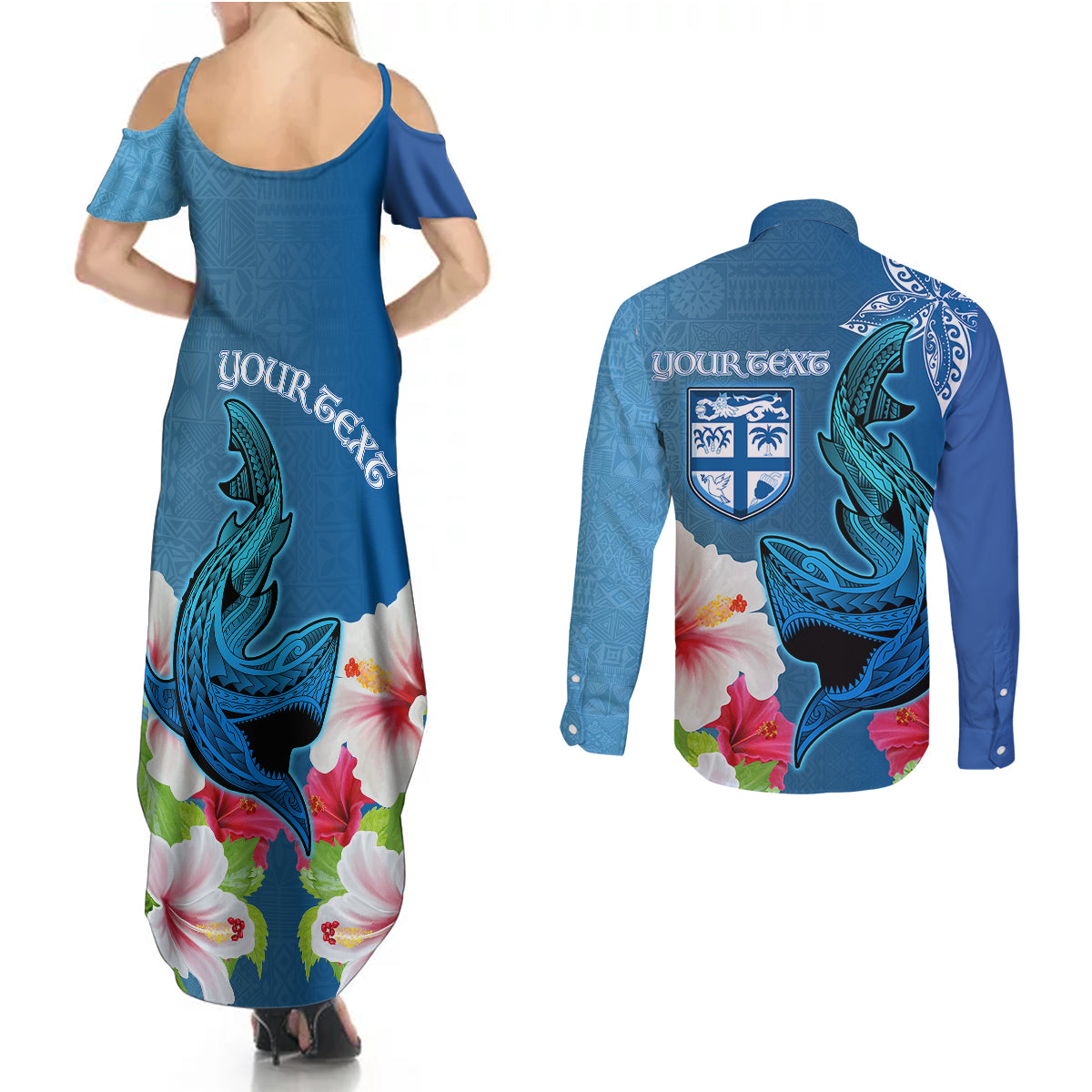 Custom Polynesian Fiji Couples Matching Summer Maxi Dress and Long Sleeve Button Shirts Shark and Hibiscus Tapa Pattern Blue Version LT03 - Polynesian Pride