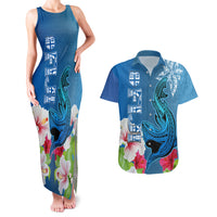 Custom Polynesian Fiji Couples Matching Tank Maxi Dress and Hawaiian Shirt Shark and Hibiscus Tapa Pattern Blue Version LT03 Blue - Polynesian Pride
