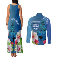 Custom Polynesian Fiji Couples Matching Tank Maxi Dress and Long Sleeve Button Shirts Shark and Hibiscus Tapa Pattern Blue Version LT03 - Polynesian Pride