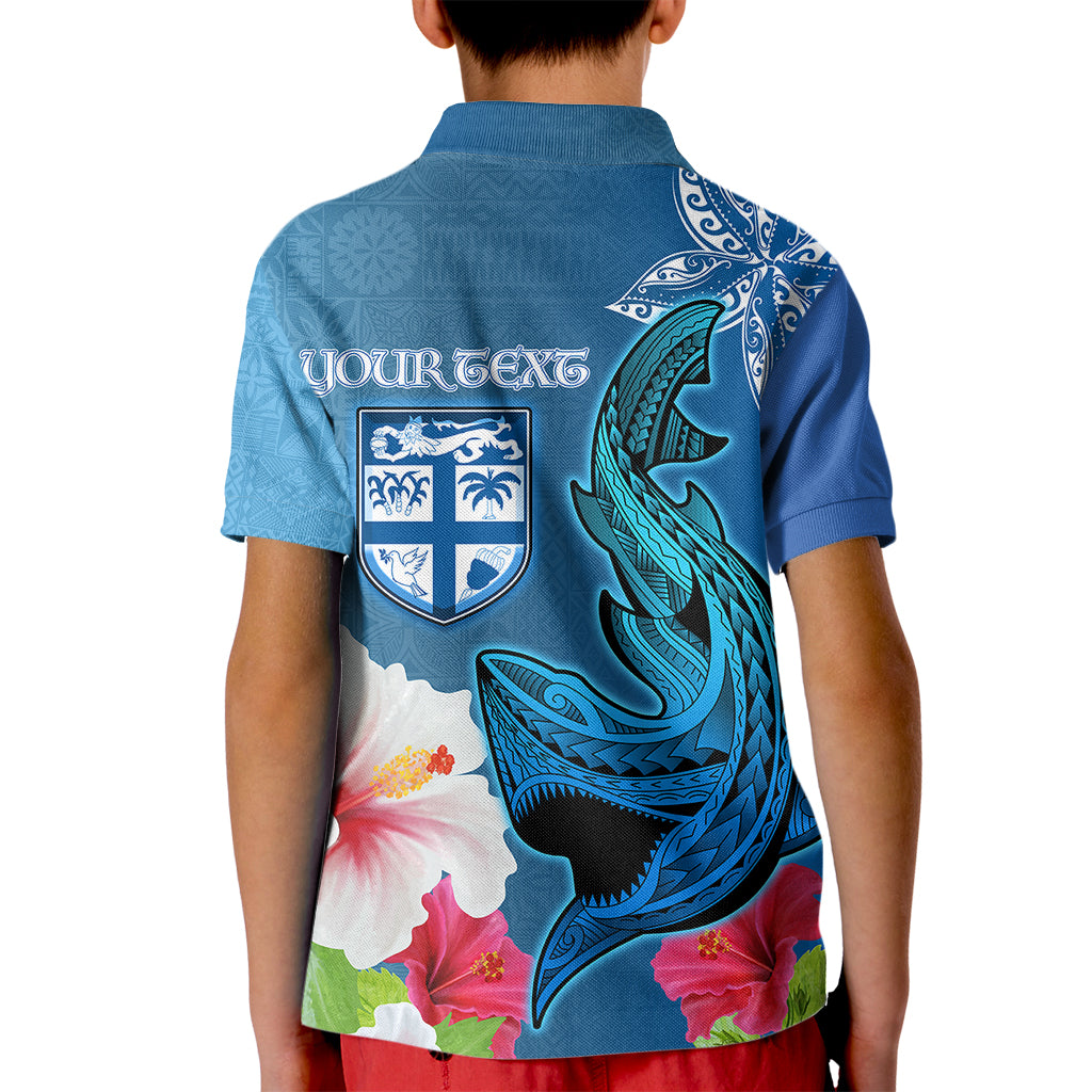 Custom Polynesian Fiji Kid Polo Shirt Shark and Hibiscus Tapa Pattern Blue Version LT03 - Polynesian Pride