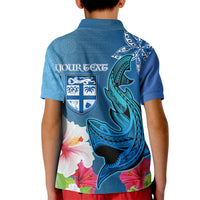 Custom Polynesian Fiji Kid Polo Shirt Shark and Hibiscus Tapa Pattern Blue Version LT03 - Polynesian Pride