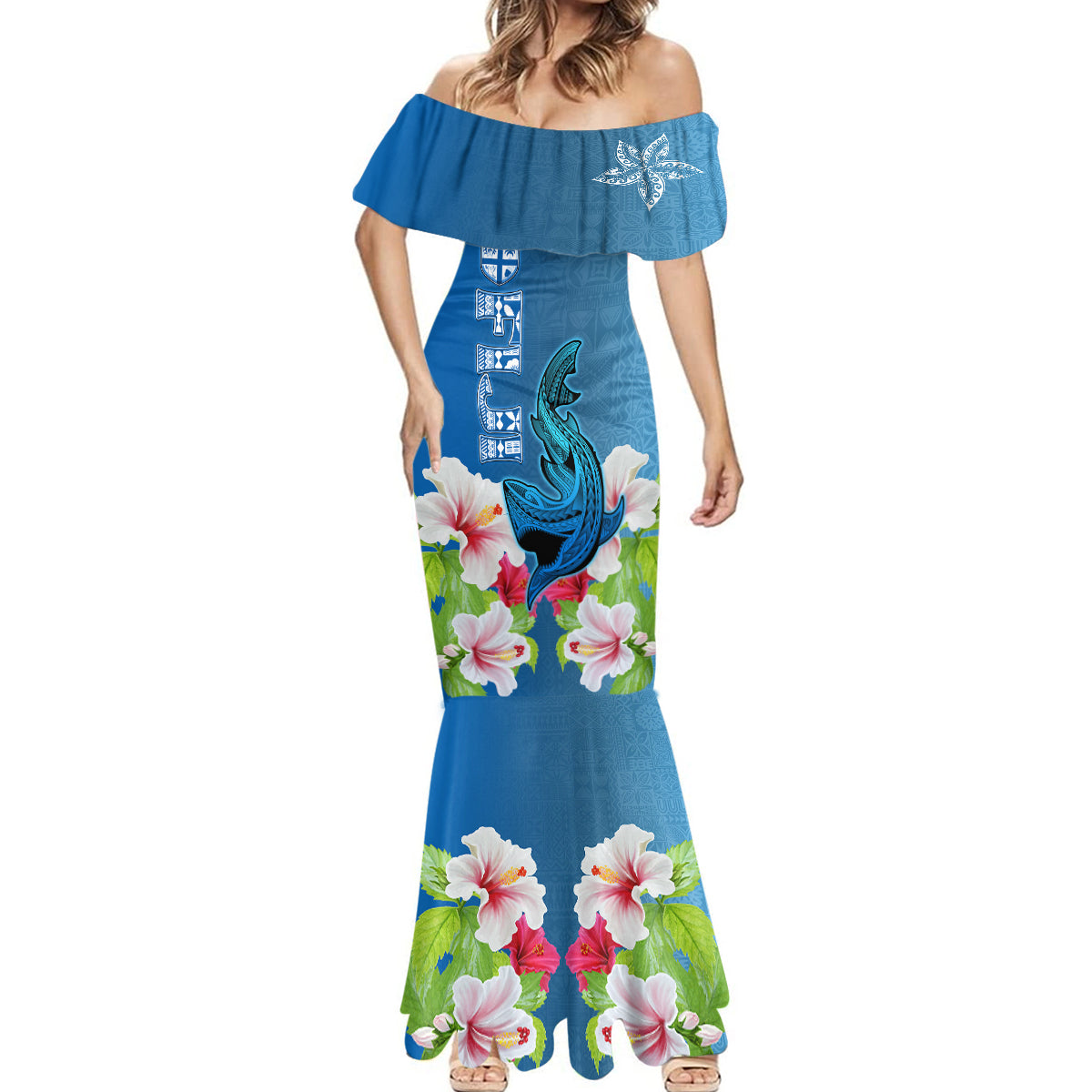 Custom Polynesian Fiji Mermaid Dress Shark and Hibiscus Tapa Pattern Blue Version LT03 - Polynesian Pride