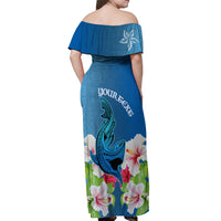 Custom Polynesian Fiji Off Shoulder Maxi Dress Shark and Hibiscus Tapa Pattern Blue Version LT03 - Polynesian Pride