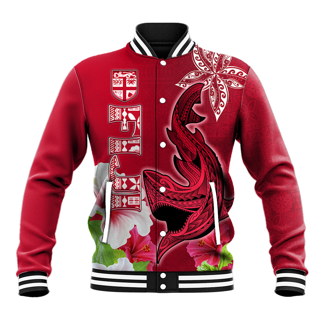 Polynesian Fiji Baseball Jacket Shark and Hibiscus Tapa Pattern Red Version LT03 Unisex Red - Polynesian Pride