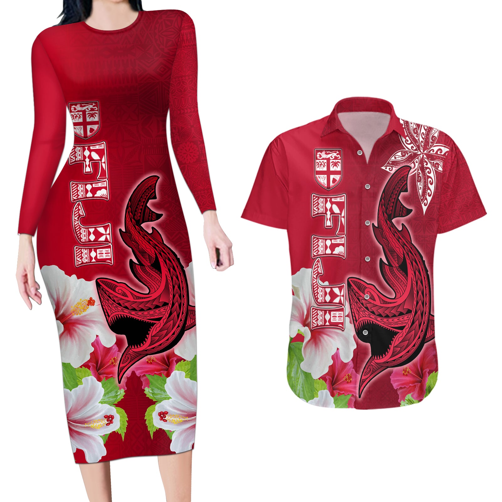 Polynesian Fiji Couples Matching Long Sleeve Bodycon Dress and Hawaiian Shirt Shark and Hibiscus Tapa Pattern Red Version LT03 Red - Polynesian Pride