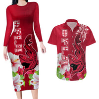 Polynesian Fiji Couples Matching Long Sleeve Bodycon Dress and Hawaiian Shirt Shark and Hibiscus Tapa Pattern Red Version LT03 Red - Polynesian Pride