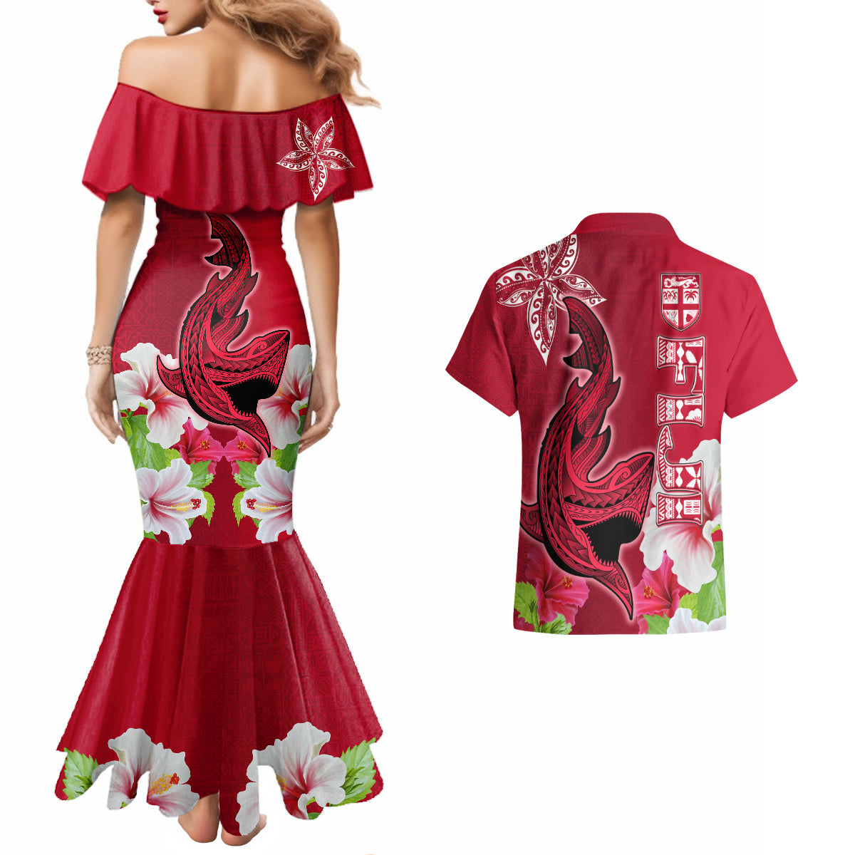 Polynesian Fiji Couples Matching Mermaid Dress and Hawaiian Shirt Shark and Hibiscus Tapa Pattern Red Version LT03 - Polynesian Pride