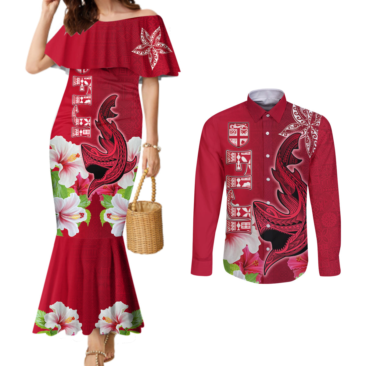 Polynesian Fiji Couples Matching Mermaid Dress and Long Sleeve Button Shirts Shark and Hibiscus Tapa Pattern Red Version LT03 Red - Polynesian Pride