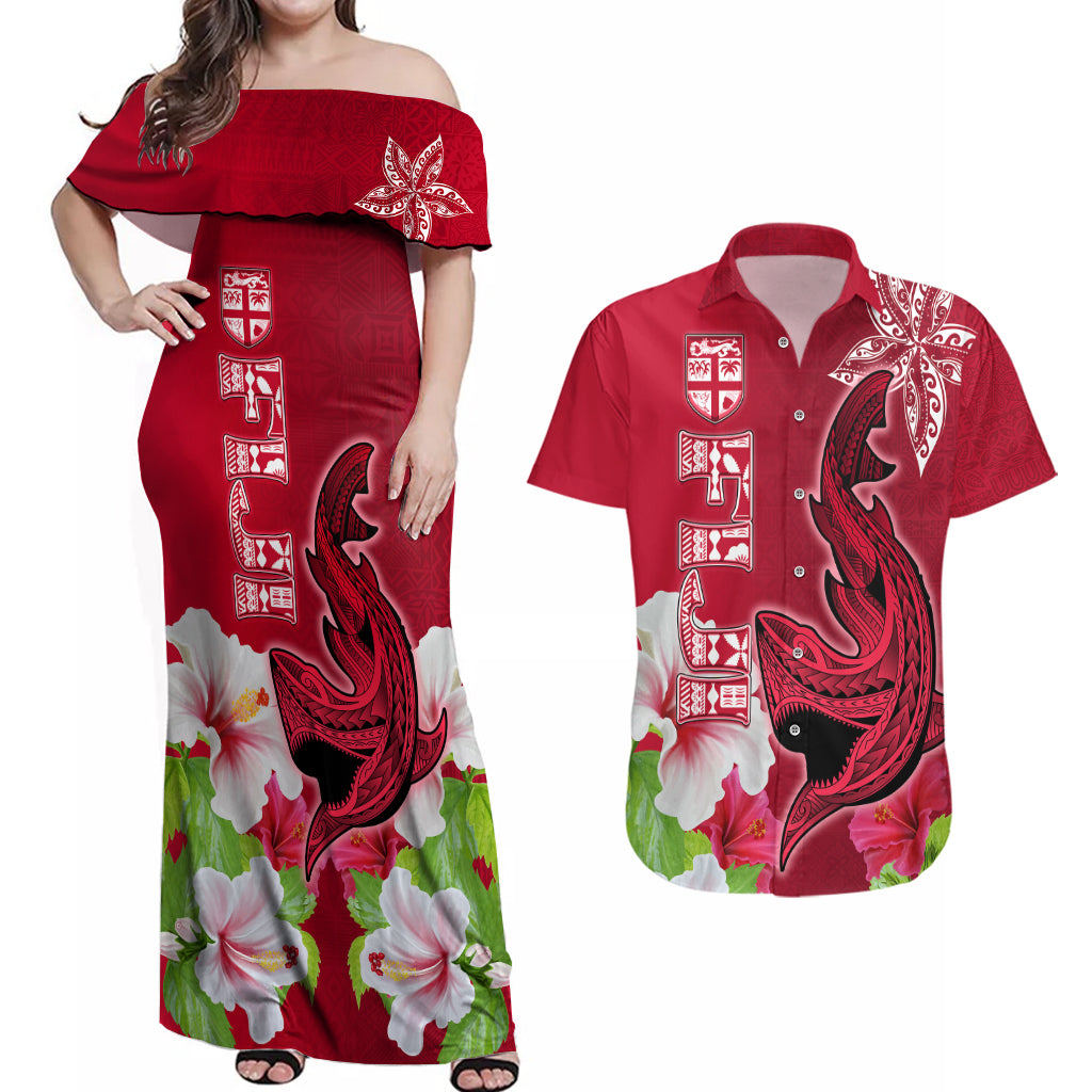 Polynesian Fiji Couples Matching Off Shoulder Maxi Dress and Hawaiian Shirt Shark and Hibiscus Tapa Pattern Red Version LT03 Red - Polynesian Pride