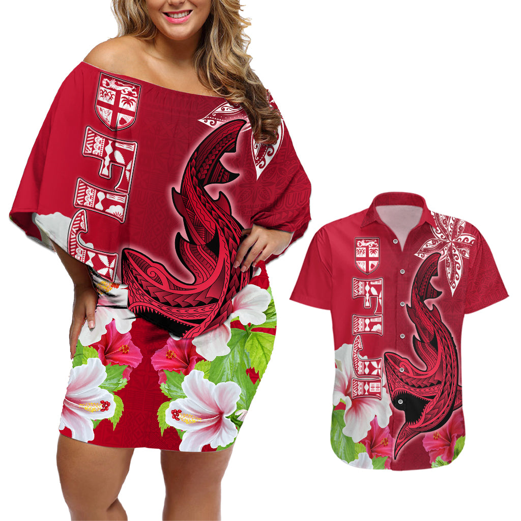 Polynesian Fiji Couples Matching Off Shoulder Short Dress and Hawaiian Shirt Shark and Hibiscus Tapa Pattern Red Version LT03 Red - Polynesian Pride