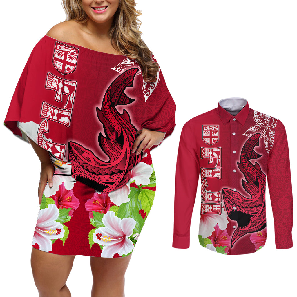 Polynesian Fiji Couples Matching Off Shoulder Short Dress and Long Sleeve Button Shirts Shark and Hibiscus Tapa Pattern Red Version LT03 Red - Polynesian Pride