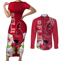 Polynesian Fiji Couples Matching Short Sleeve Bodycon Dress and Long Sleeve Button Shirts Shark and Hibiscus Tapa Pattern Red Version LT03 Red - Polynesian Pride